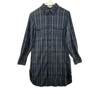 Golden by TNA Size XS Shirt Button Up Front Tunic Long Length Plaid Cotton Blue